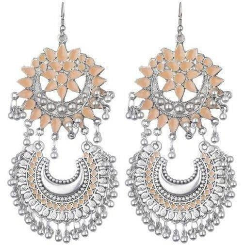 Orange Color Star Shape Design Earrings With Half Moon Hangings