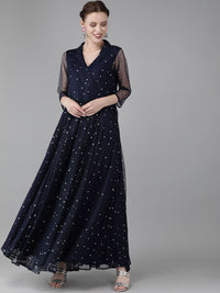 Thumbnail for Ahalyaa Navy Blue Net & Crepe Silver Toned Polka Dots Printed Maxi Dress