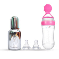 Thumbnail for Goodmunchkins Stainless Steel Feeding Bottle & Spoon Food Feeder Anti Colic Silicone Nipple Combo-(Pink,150ml) - Distacart