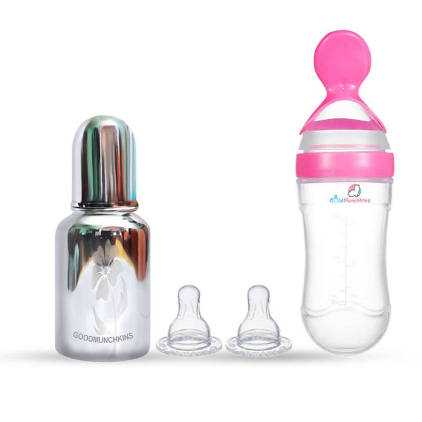 Goodmunchkins Stainless Steel Feeding Bottle & Spoon Food Feeder Anti Colic Silicone Nipple Combo-(Pink,150ml) - Distacart