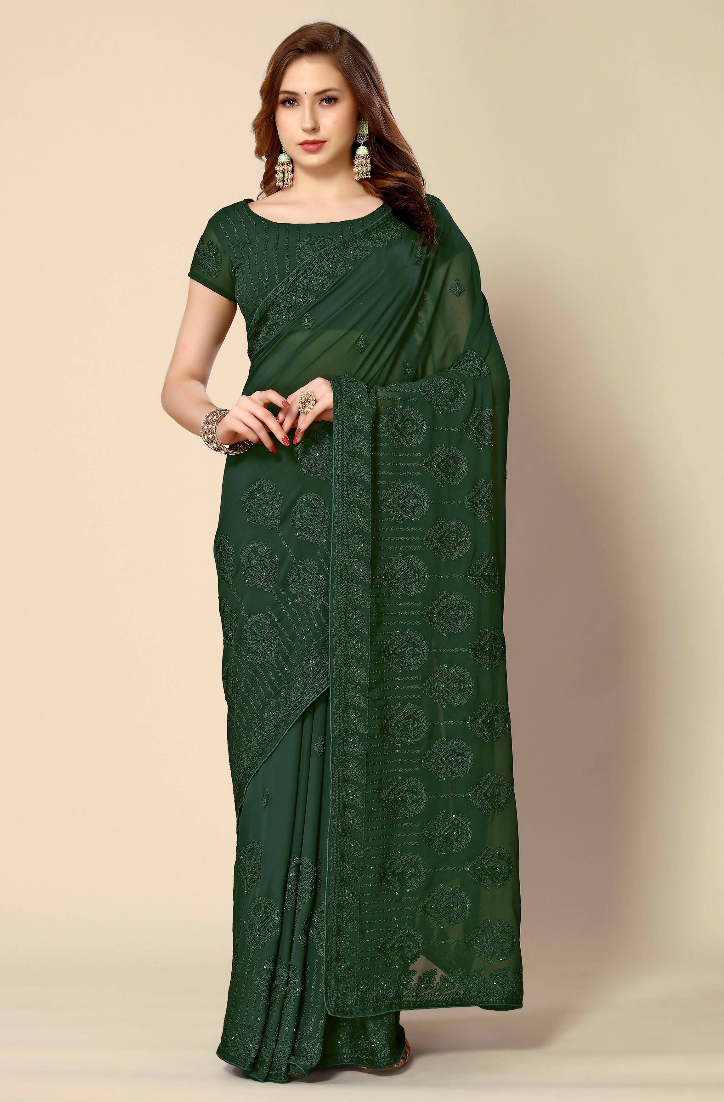 Green Georgette Embroidered and Stone Work Saree with Unstitched Blouse Piece - Roozal - Distacart