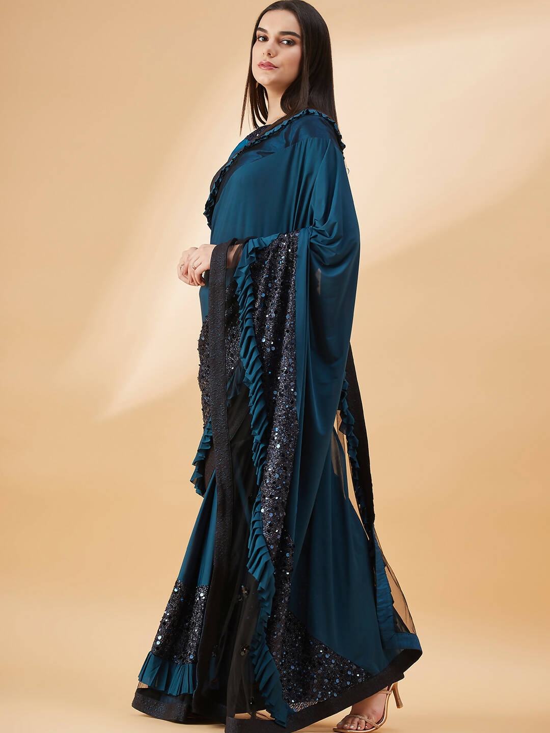 Peacock Blue Lycra Sequins Fabric. Frill Details, Handwork Buttis Saree - Norita Hit Design - Distacart