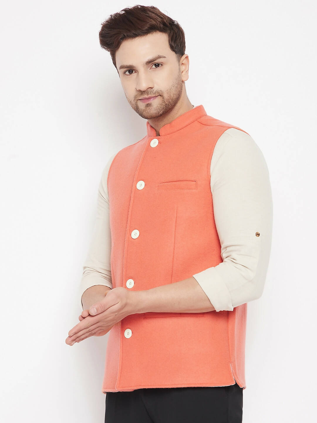 Even Apparels Orange Wool Men Woven Nehru Jacket - Distacart