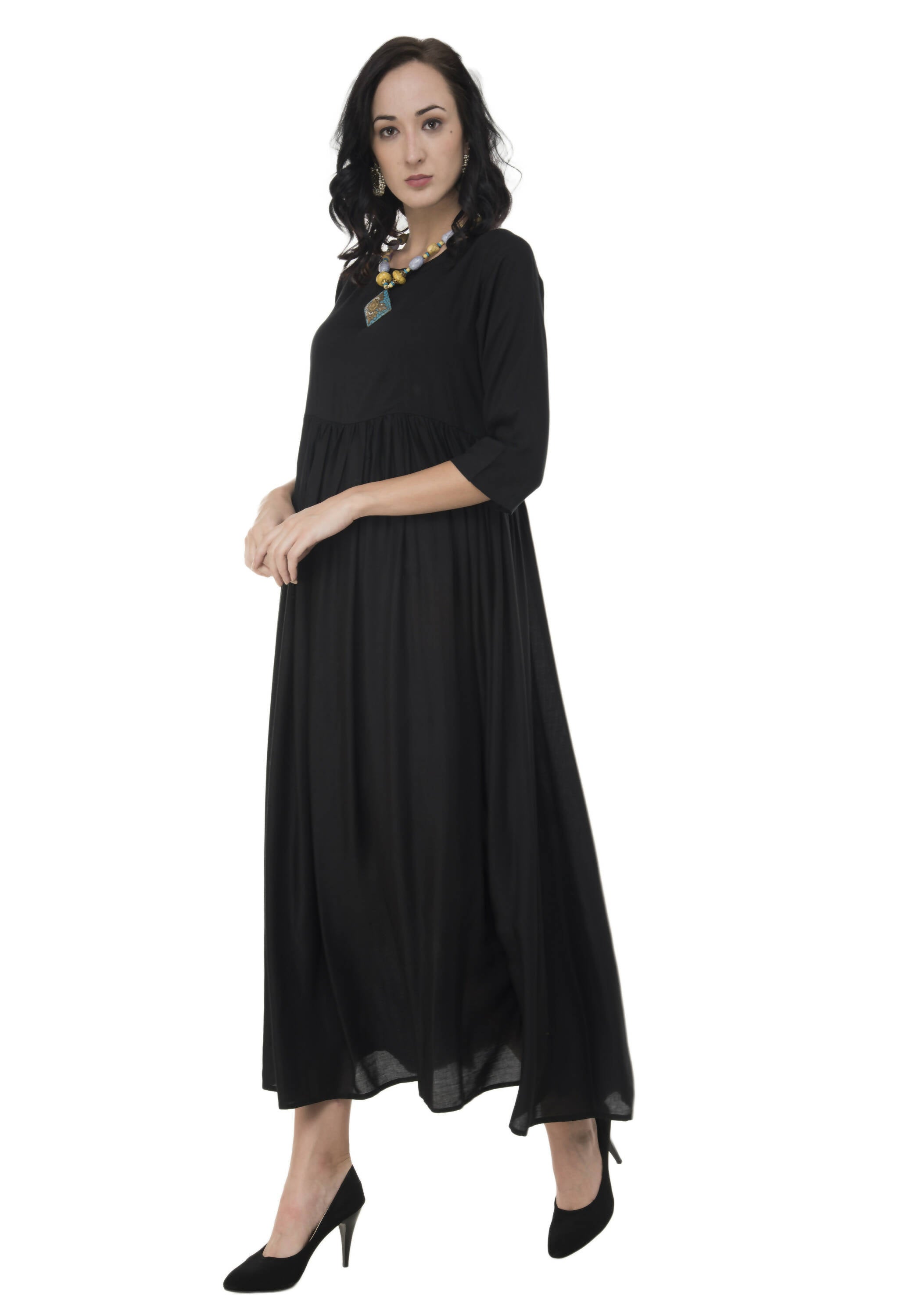 Women's Black Flared Kurti With Front Round Neck And Back Neck With Deep With Dori And Tassels - G & A Apparels - Distacart