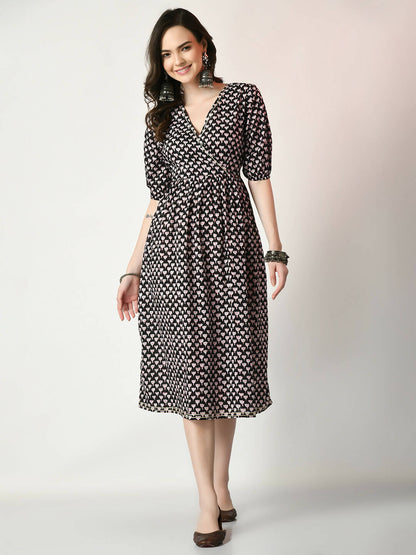 Myshka Women's Black Empire Printed Dress - Distacart