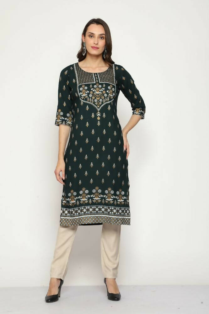 Maai Rayon Hand Printed Kurta Green - Distacart