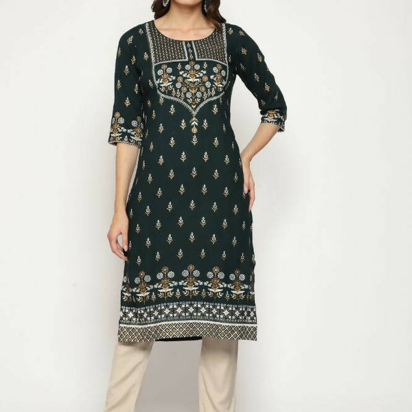Maai Rayon Hand Printed Kurta Green - Distacart