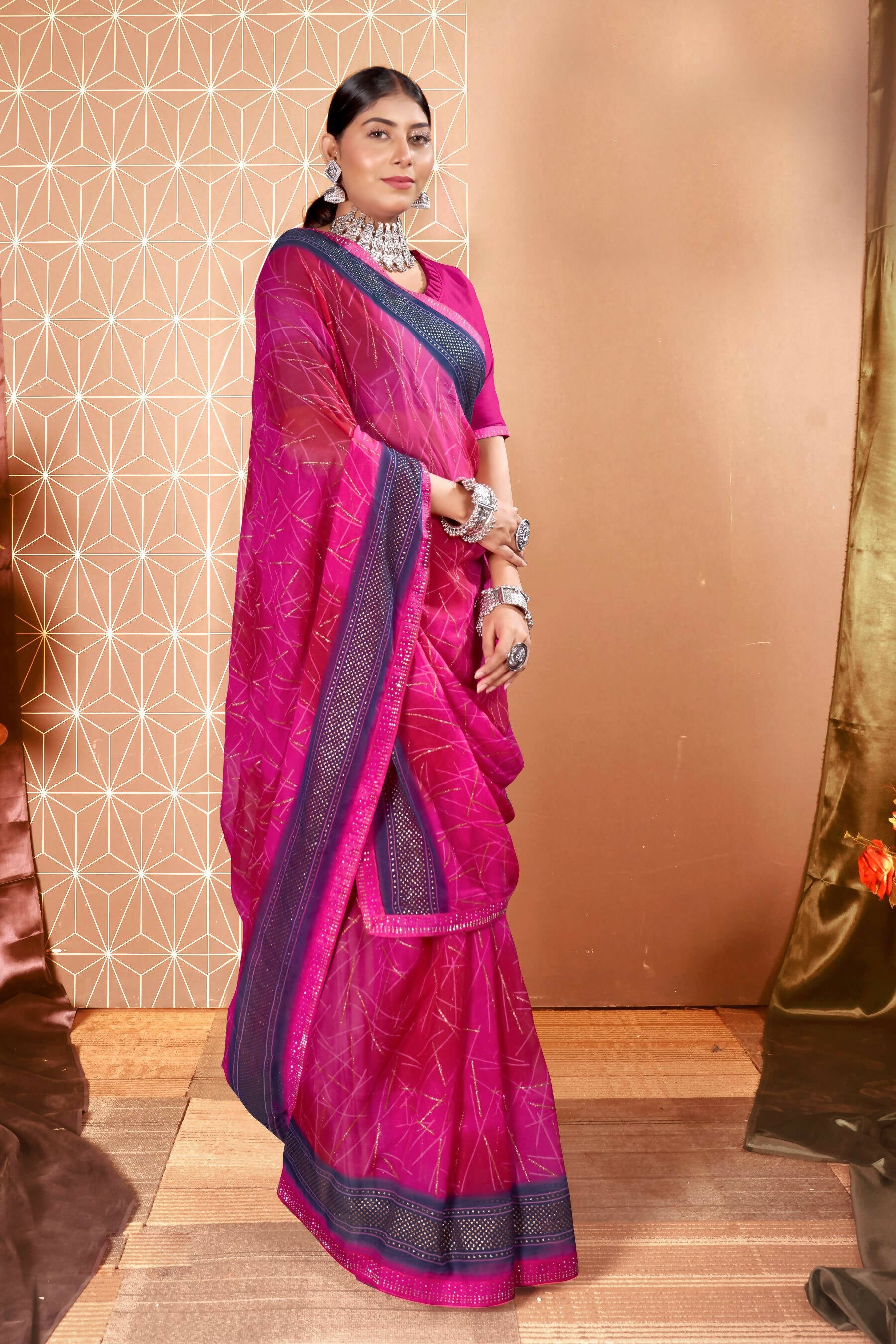 Pink Chiffon Abstract Printed Saree With Unstitched Blouse Piece - Rajal - Distacart