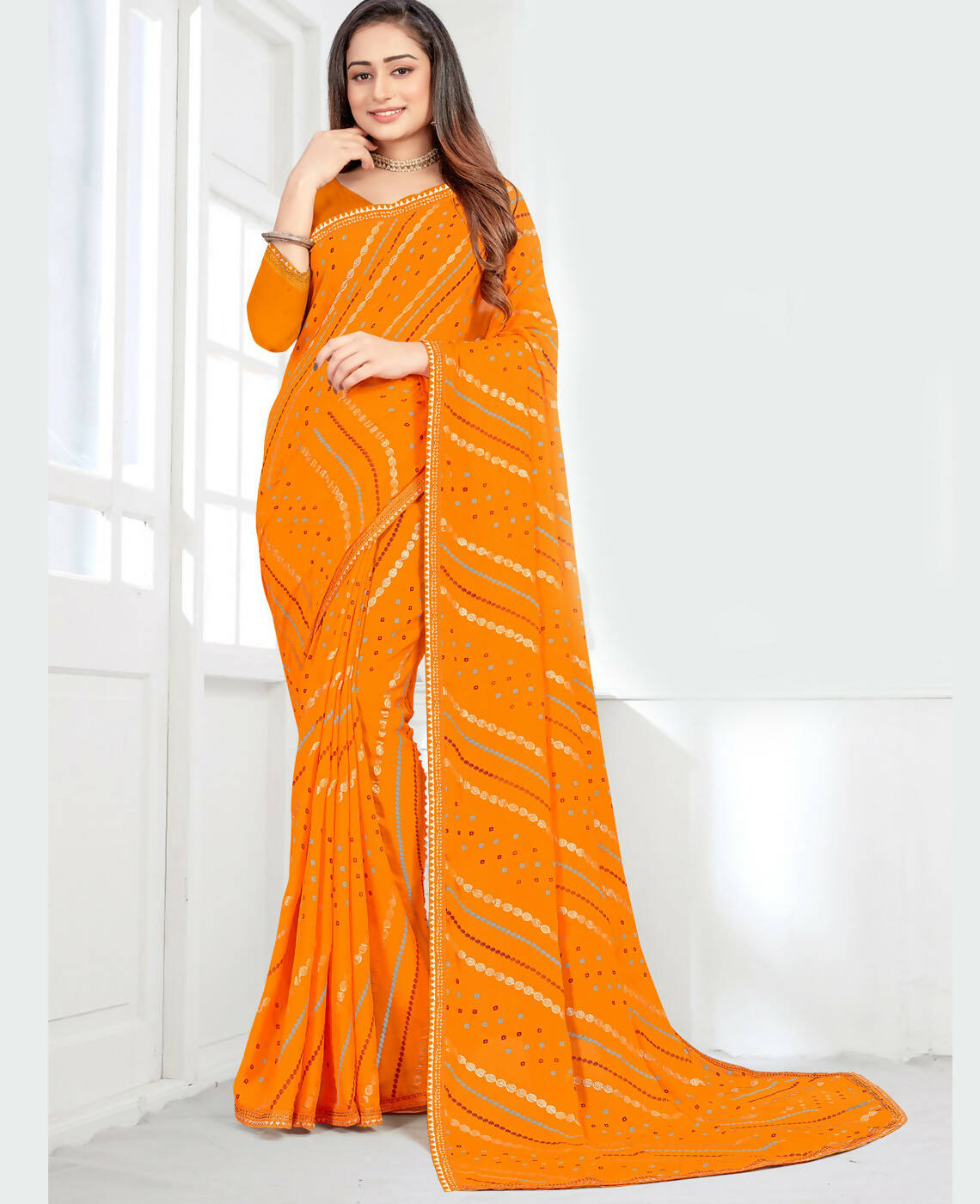 Mustard Georgette Bandhani Printed Saree With Unstitched Blouse Piece - Jyoti - Distacart