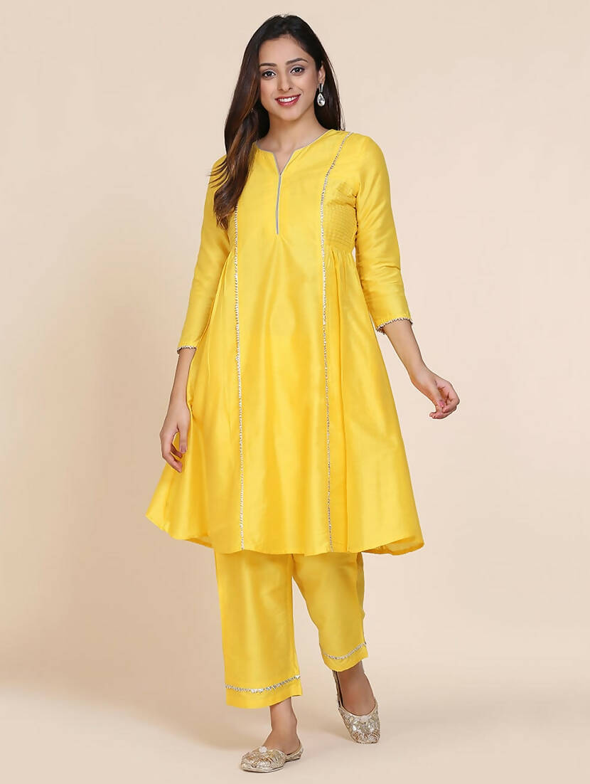 Cheera Women's Yellow Silk Blend With Gota Work Frock Dress With Silk Straight Pant Set - Distacart