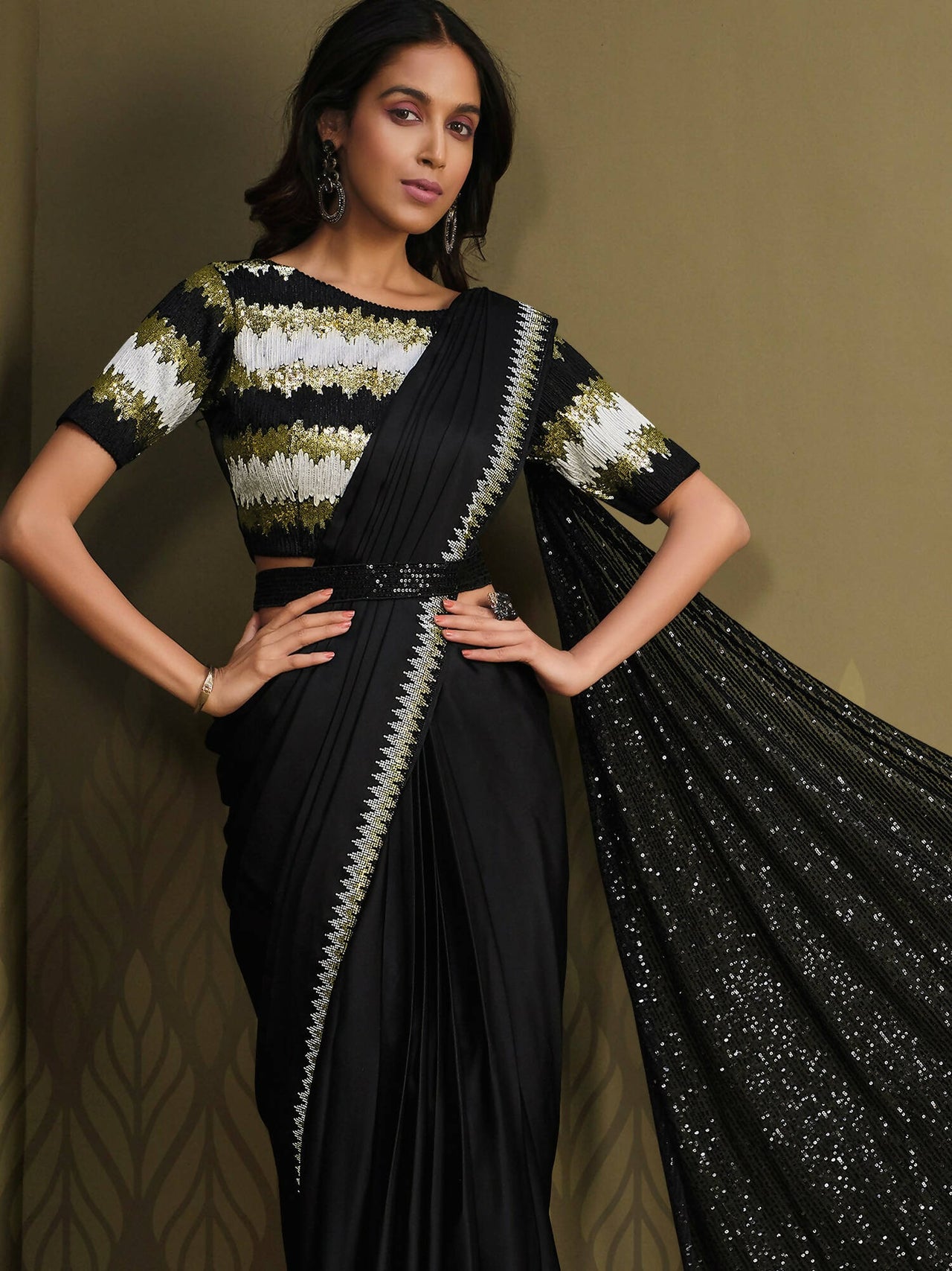 Black Crepe Silk Sequence Embroidered Saree With Stitched Blouse - Mohmanthan La Belle - Distacart