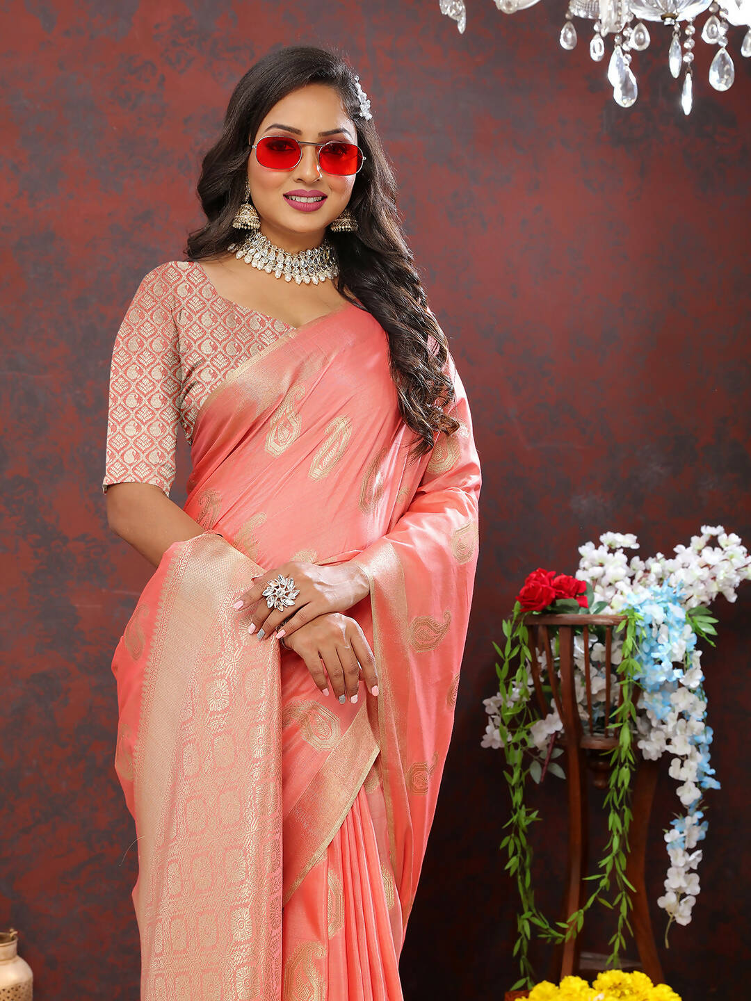 Lorenvalley Fashion Peach Cotton Woven Design with Zari Weaving Design Saree - Distacart