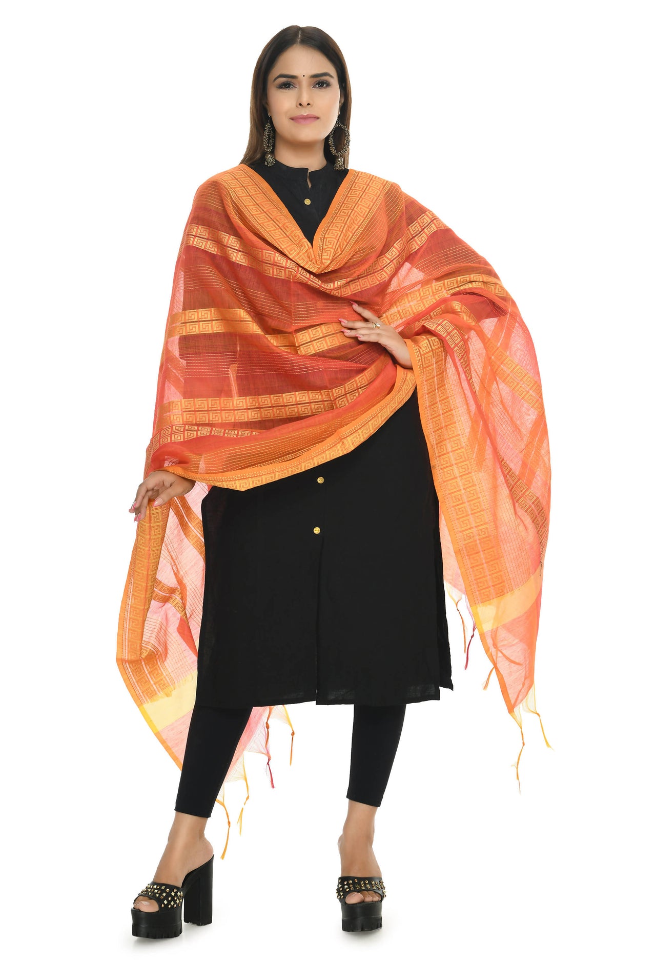 Mominos Fashion Moeza Handloom Cotton Orange Tone Dupatta - Distacart