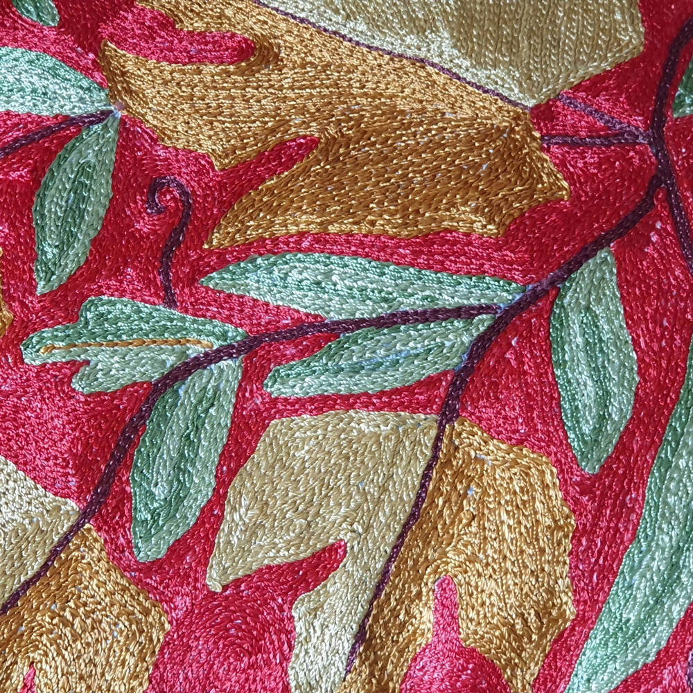 The Decor Nook Hand Embroidered Crewel Cushion Covers in Mustard Chinar Leaf Motif with Red Base - Distacart