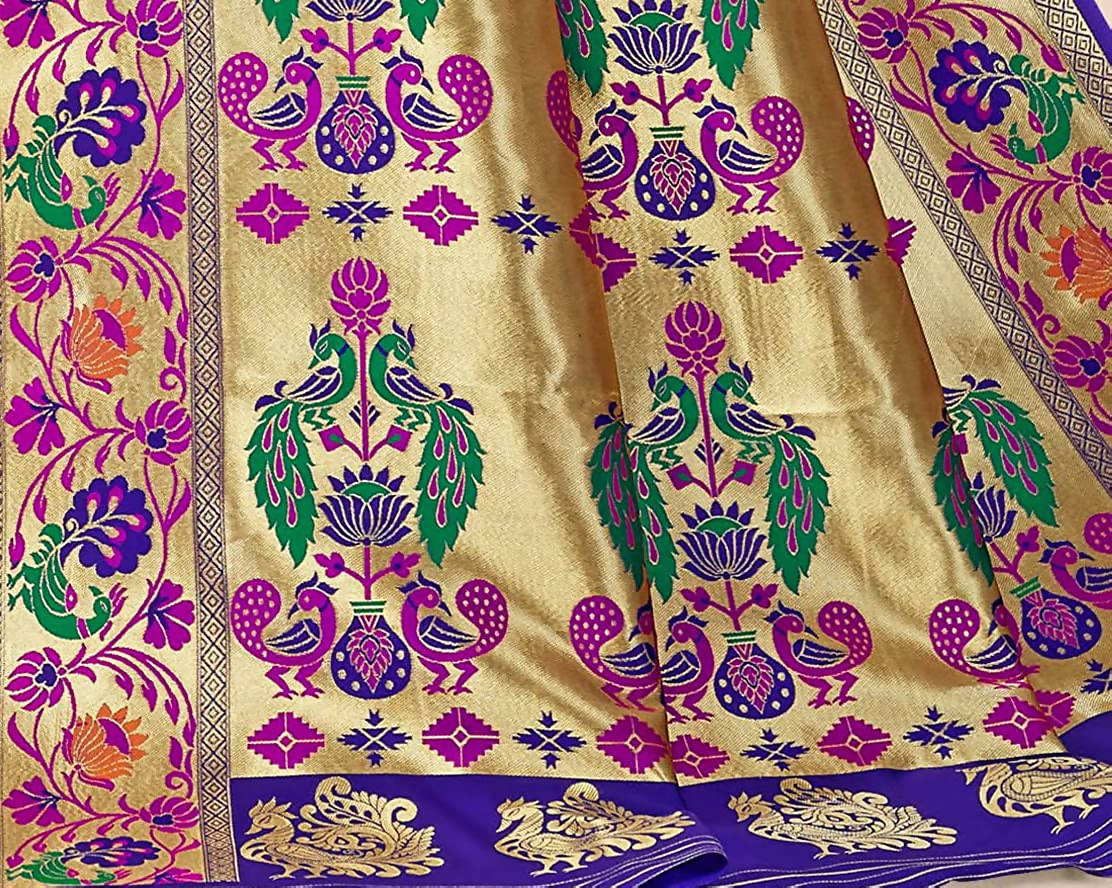 Jaanvi Fashion Women's Rani Blue Banarasi Paithani Silk With Zari Jacquard Work Saree With Blouse Piece