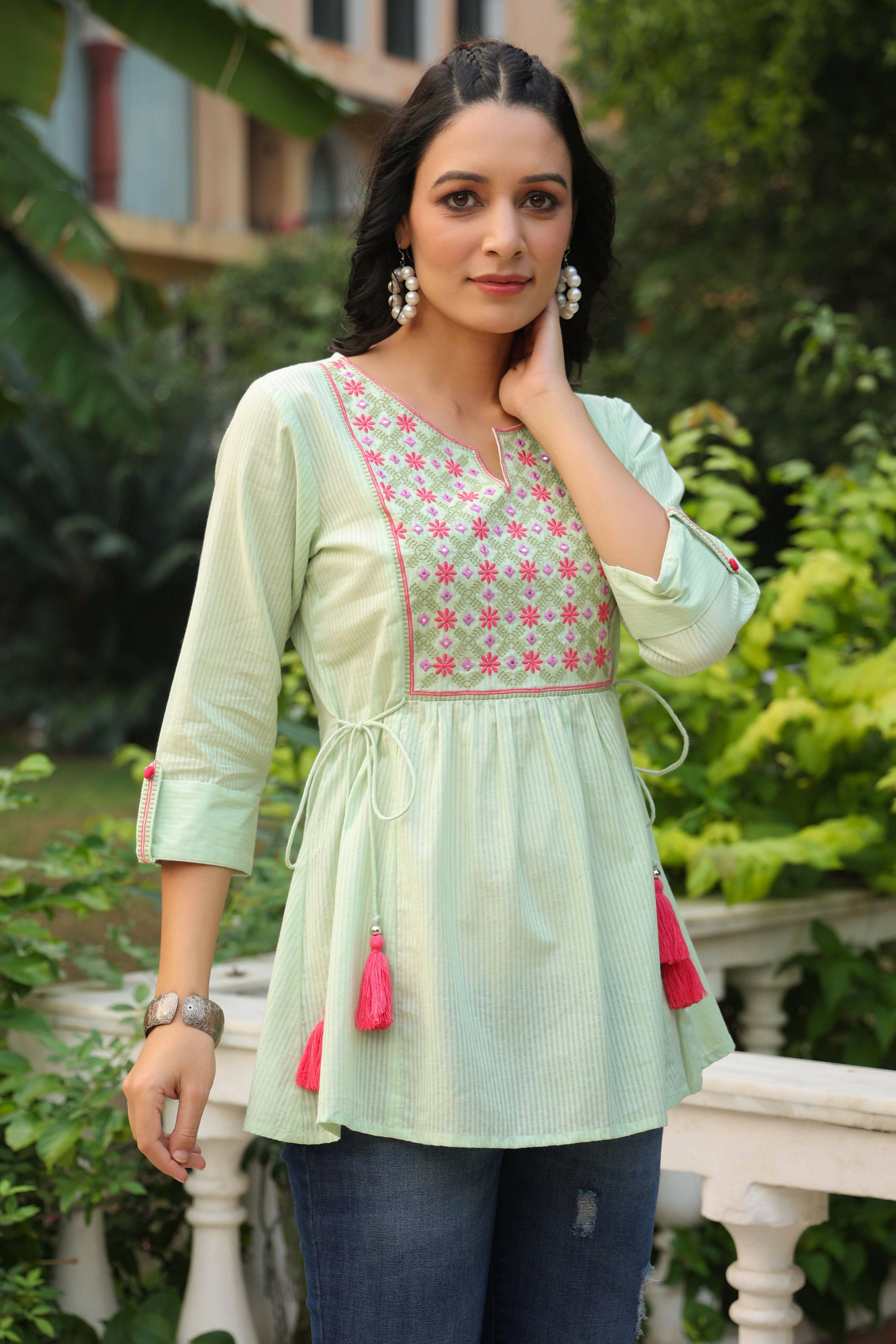 Juniper Women's Green Cotton Dobby Solid Embroidered Straight Tunic - Distacart