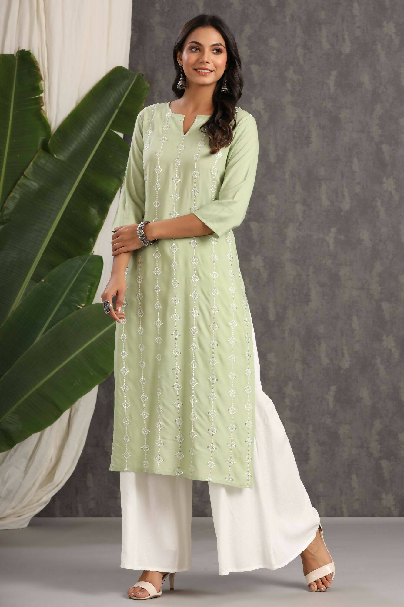 Juniper Women Lightolive Rayon Embroidered Straight Kurta - Distacart