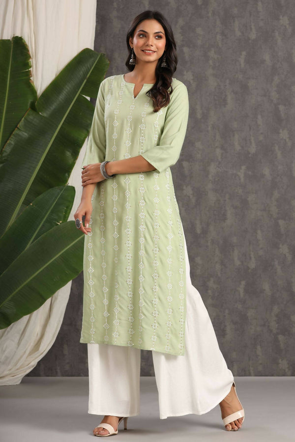 Juniper Women Lightolive Rayon Embroidered Straight Kurta - Distacart