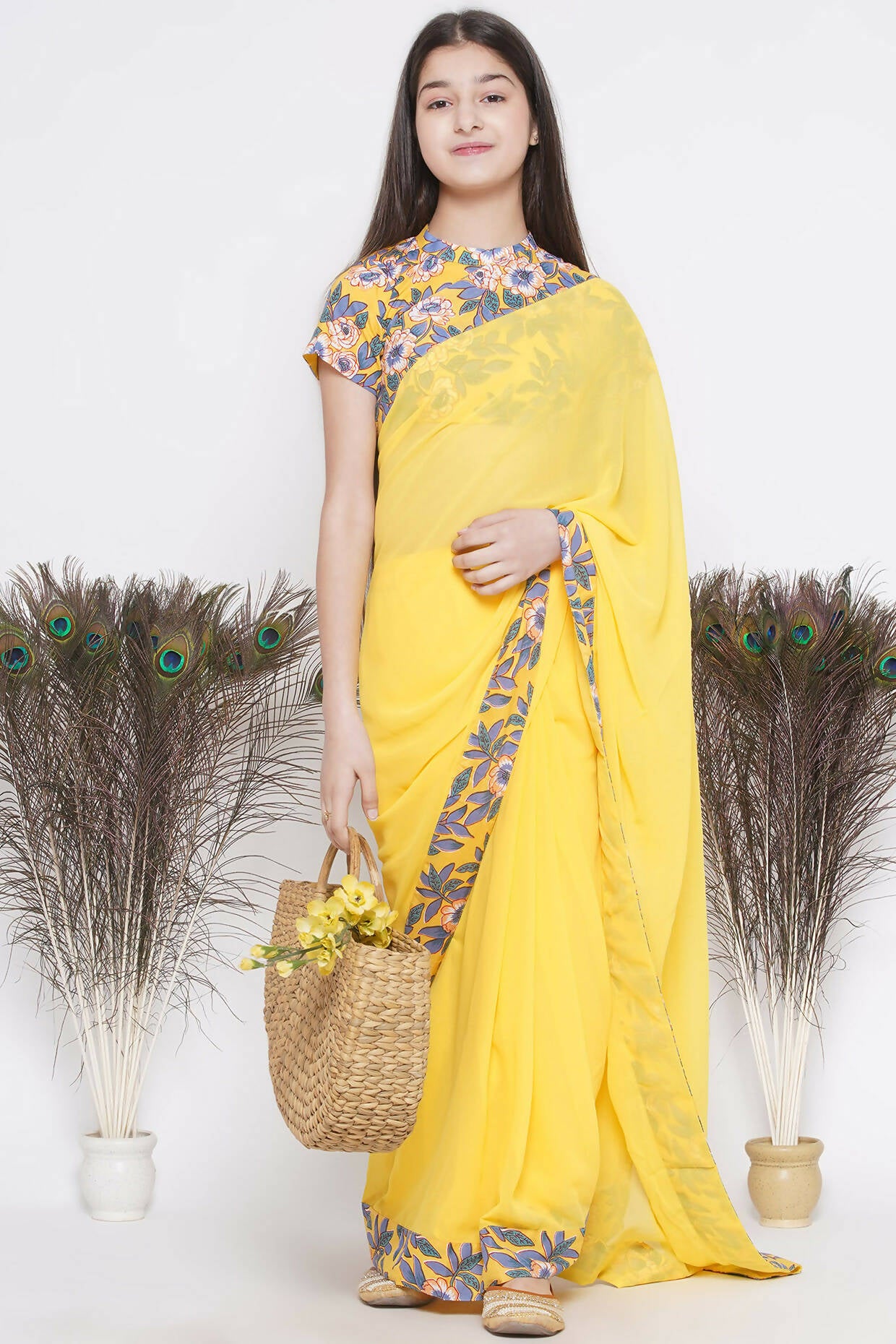 Little Bansi Floral Print Ready To Wear Saree And Floral Blouse - Yellow - Distacart