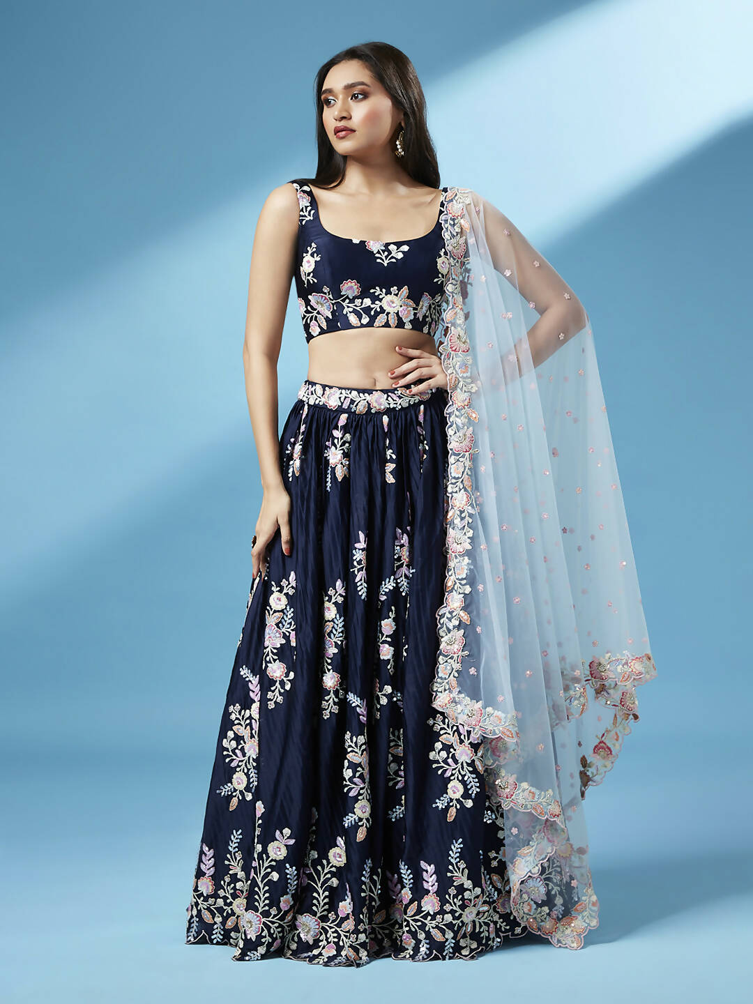House of Panchhi Navy Blue Pure Georgette Thread & Sequinse Work Lehenga & Blouse, Dupatta - Distacart