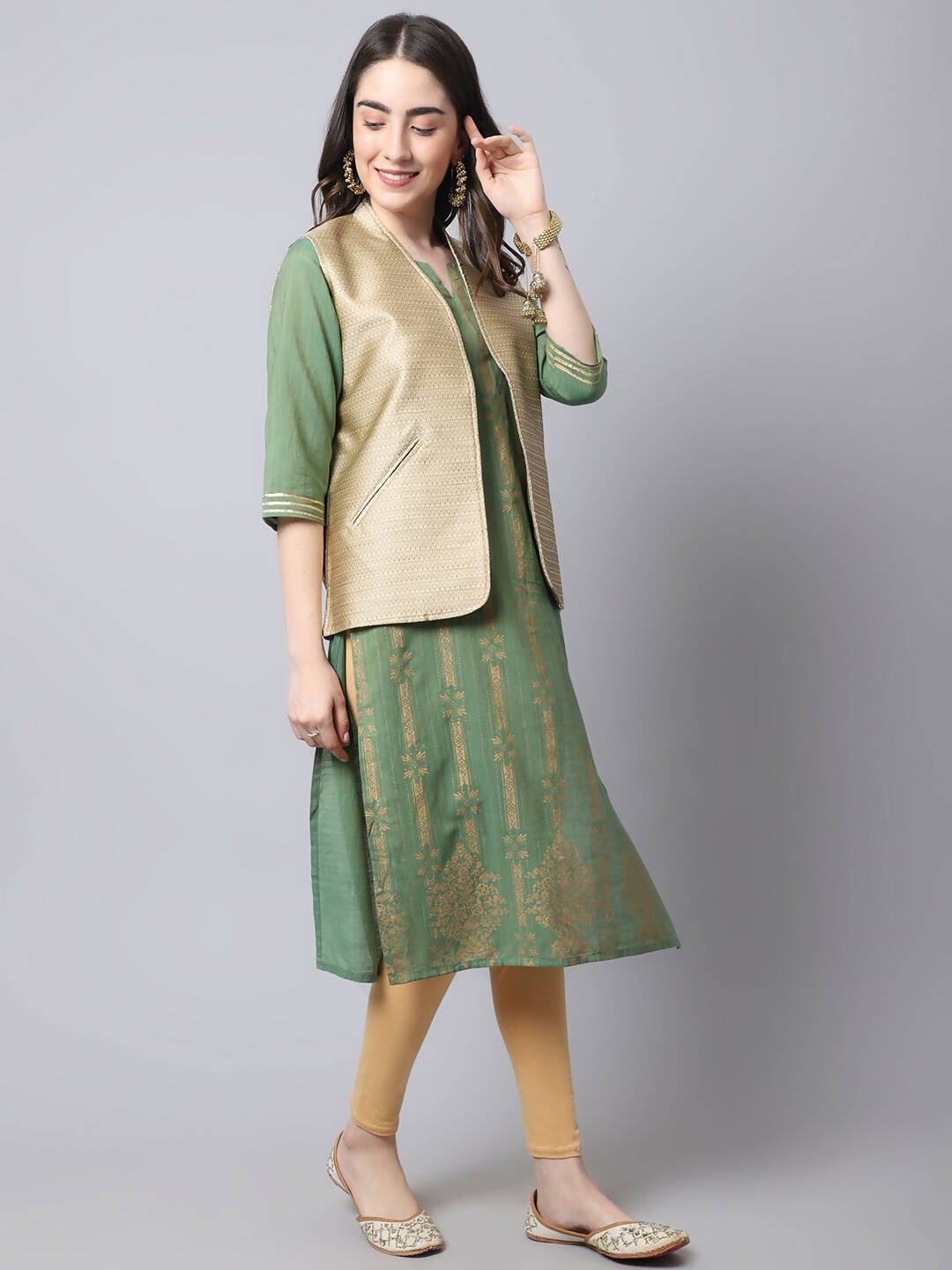 Even Apparels Beige Bansari Silk Open Front Gillet - Distacart