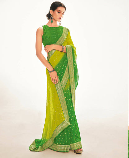 Green Georgette Foil Printed Saree With Unstitched Blouse Piece - Nitya - Distacart