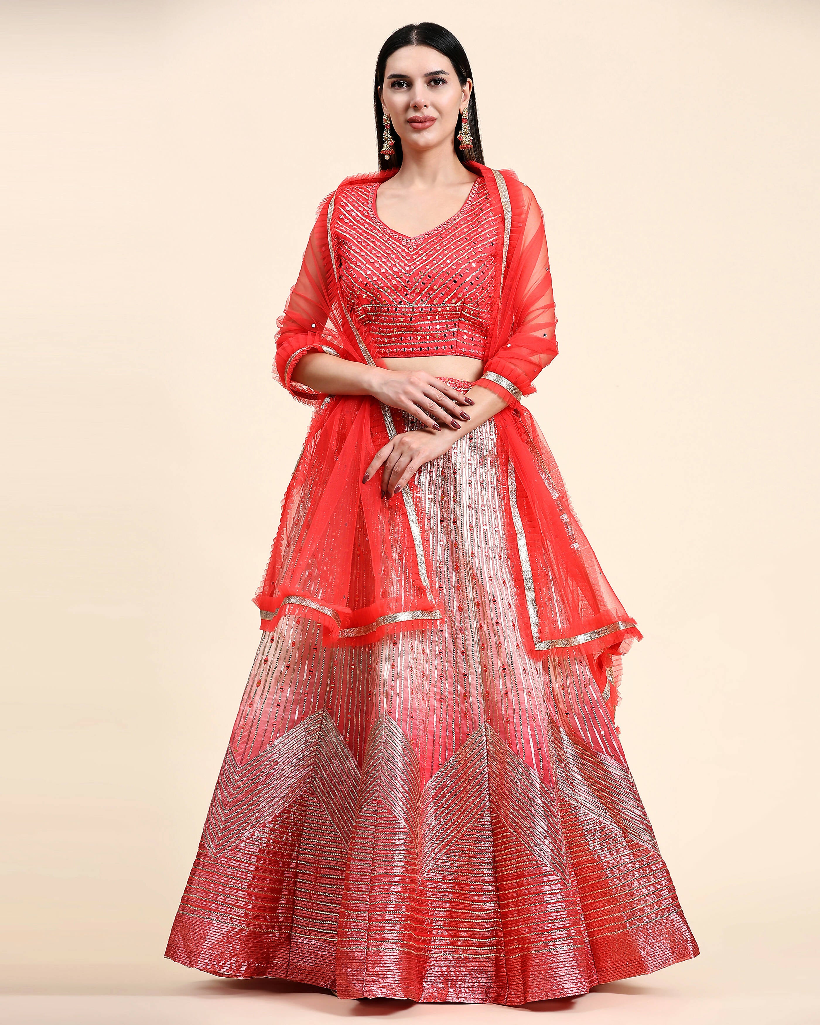 Red Organza Mirror With Coding Work Lehenga Choli with Dupatta - Tanya - Distacart