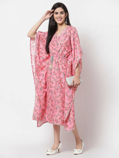 Myshka Women's Pink Polyester Printed Full Sleeve V Neck Casual Kaftaan