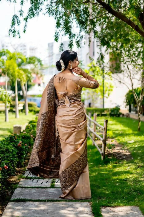 Vishnu Weaves Women's Chiku Handloom Raw Silk Woven Border Saree with Unstitched Blouse - Distacart