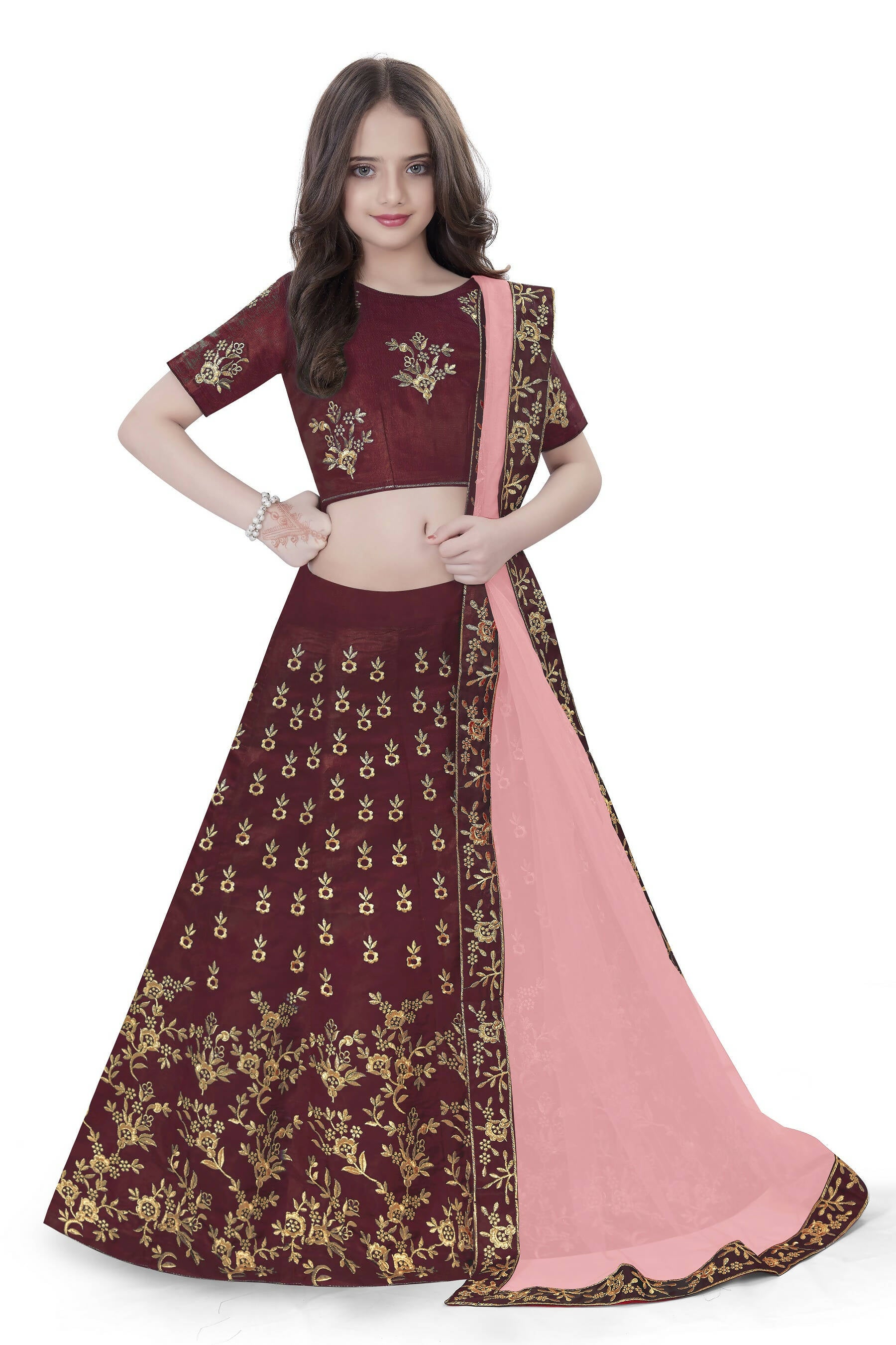 Dwiden Maroon Baby Doll Tafetta Sattin Semi-Stitched Girl's Lehenga Choli - Distacart