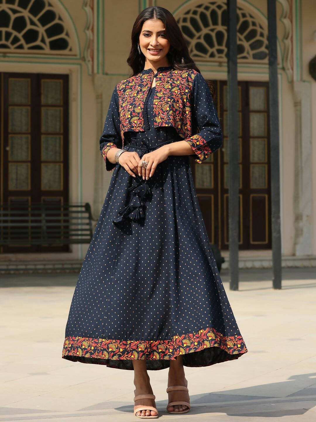 Juniper Women's Blue Rayon Festive Printed Flared Dress - Distacart