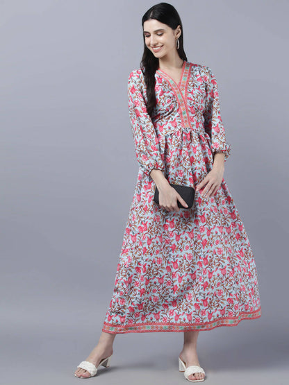 Myshka Women Red Printed Pure Cotton Maxi Dress - Distacart