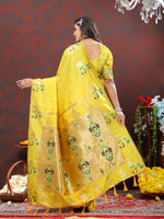 Thumbnail for Lorenvalley Fashion Yellow Soft Paithani Silk Woven Design Gold Zari Meenakari Weaving Saree - Distacart