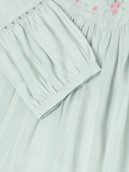 Light Blue Poly Cotton Yoke Embroidered A-line Top - Tarini - Distacart