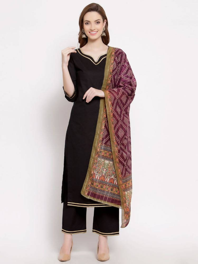 Myshka Women's Black Cotton Half Sleeve V Neck Solid Casual kurta Pant Dupatta Set