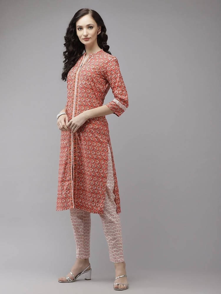 Yufta Peach and Off White Kurta Trouser Set