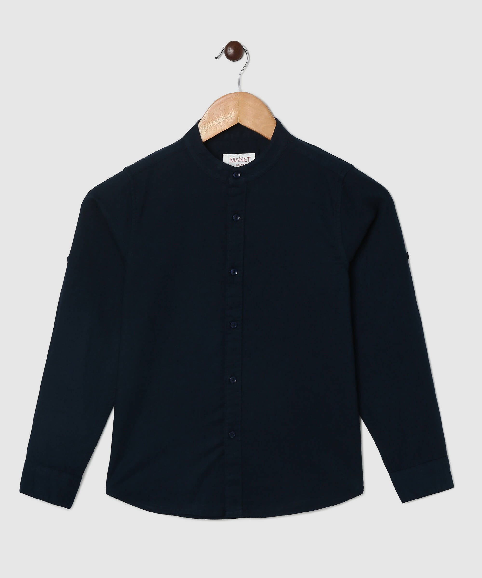 Manet Boys Mandarin Collar Full Sleeves Melange Shirt - Navy Blue - Distacart