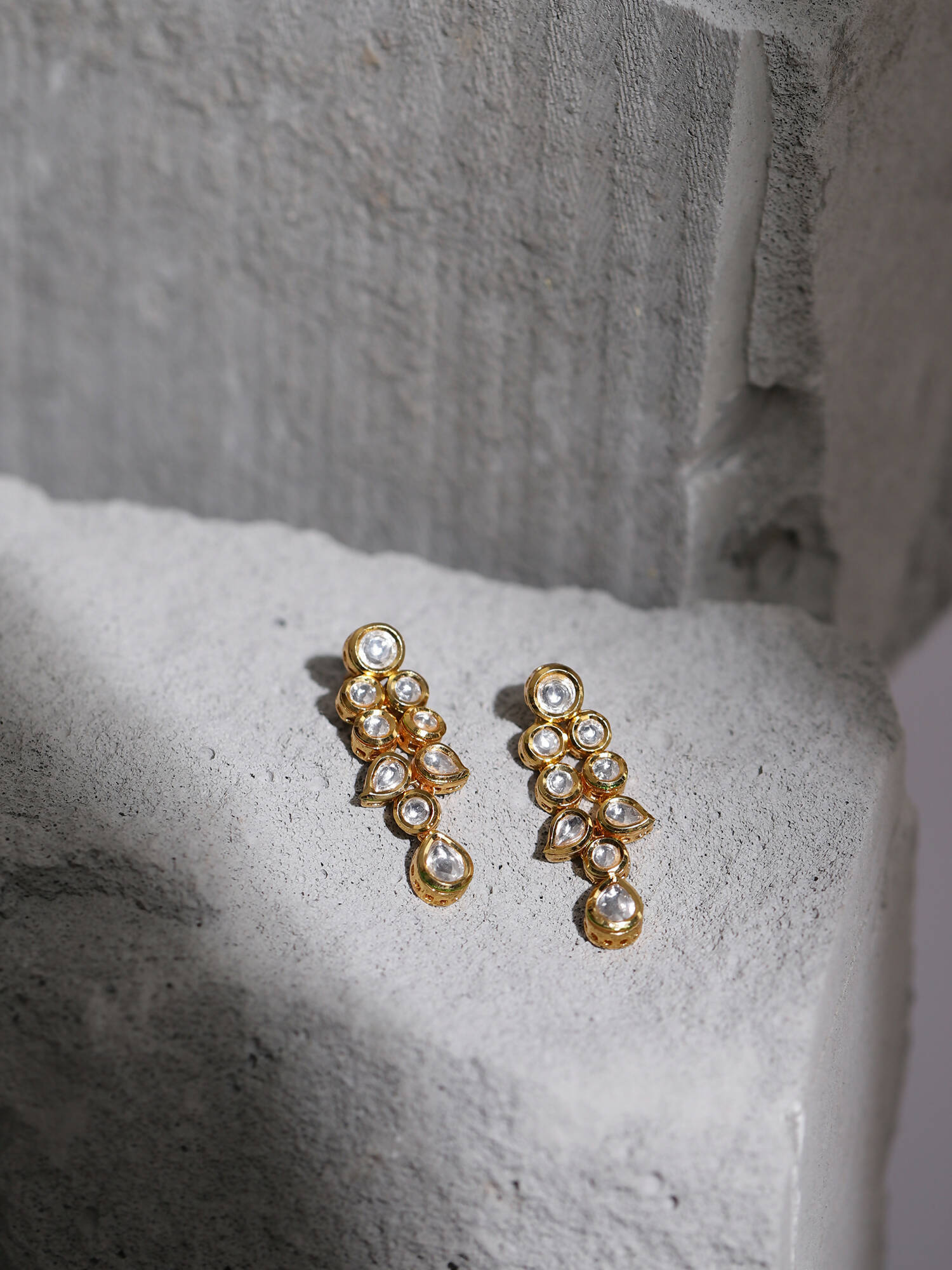 Gold-Toned White Kundan Contemporary Gold-Plated Drop Earrings - Ruby Raang - Distacart