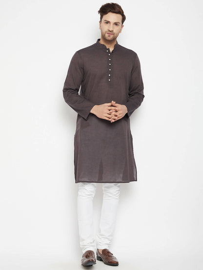 Even Apparels Brown Pure Cotton Long Men's Kurta With Band Collar - Distacart