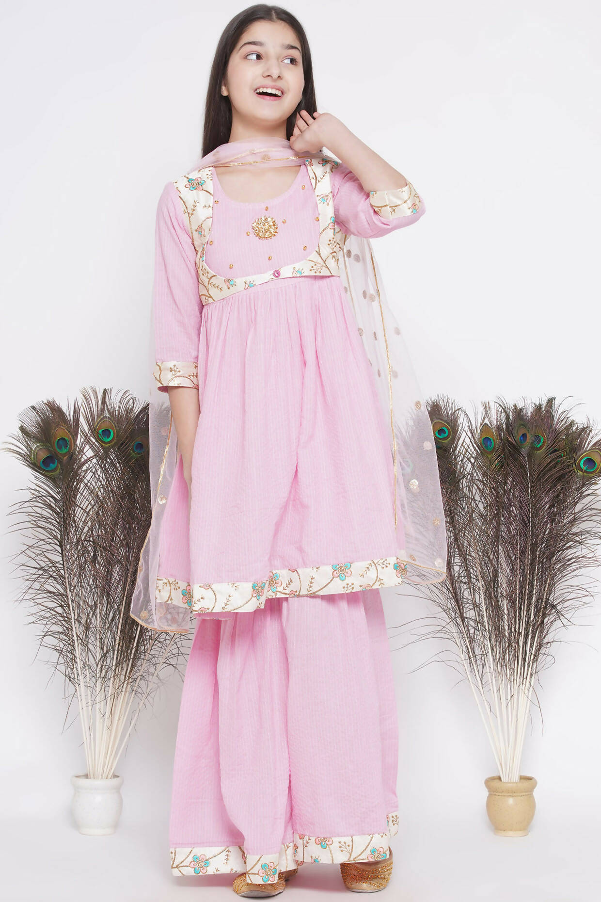 Little Bansi Floral Embroidery Jacket With Cotton Kantha Frock Sharara And Dupatta With Ghungroo Handwork - Pink - Distacart