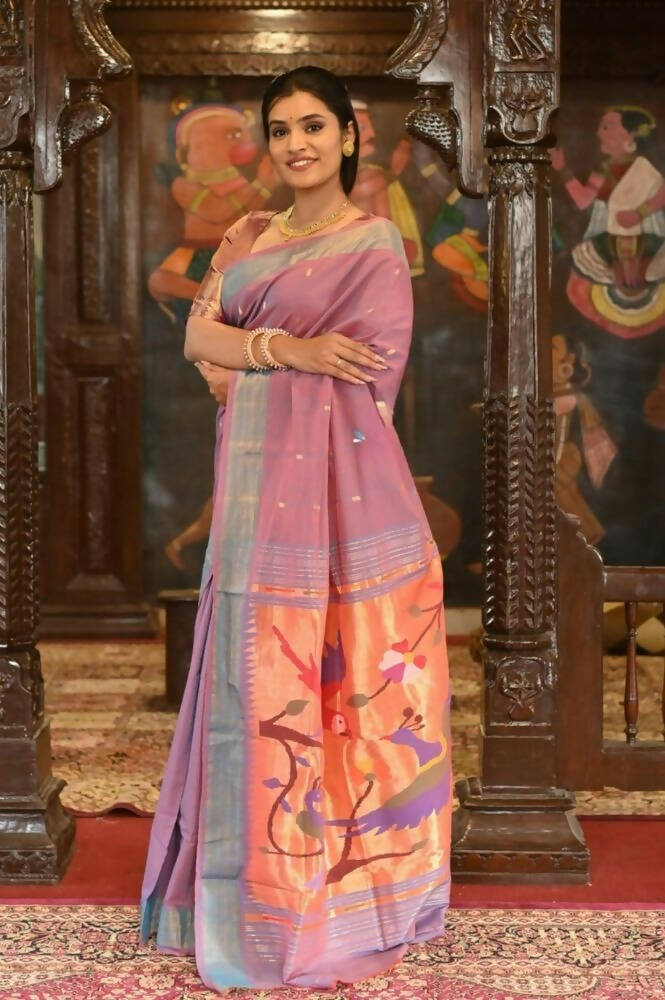 Very Much Indian Handloom Pure Cotton Paithani Peacock Pallu-Dual Tone Blue Pink - Distacart