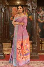 Thumbnail for Very Much Indian Handloom Pure Cotton Paithani Peacock Pallu-Dual Tone Blue Pink - Distacart