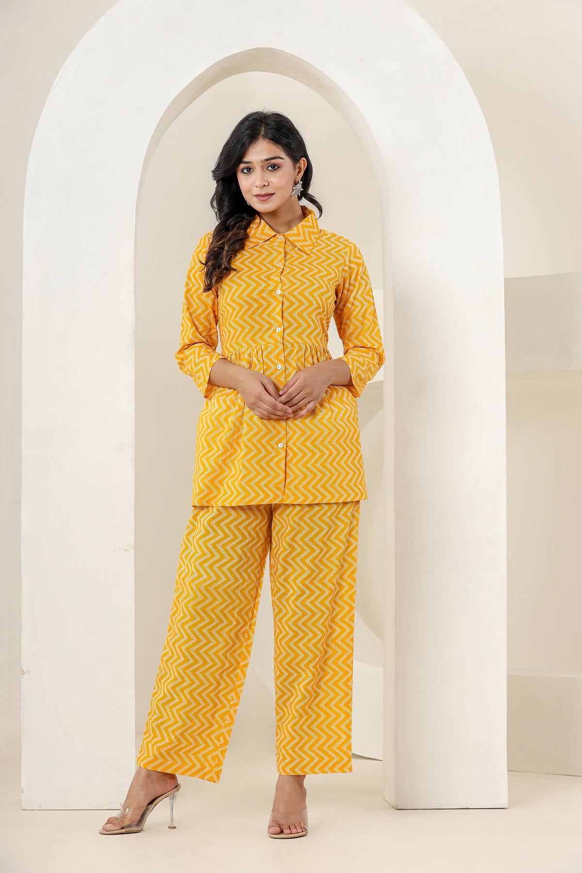 Kaajh Women's Yellow Zigzag Print Cotton Co-ord Set - Distacart