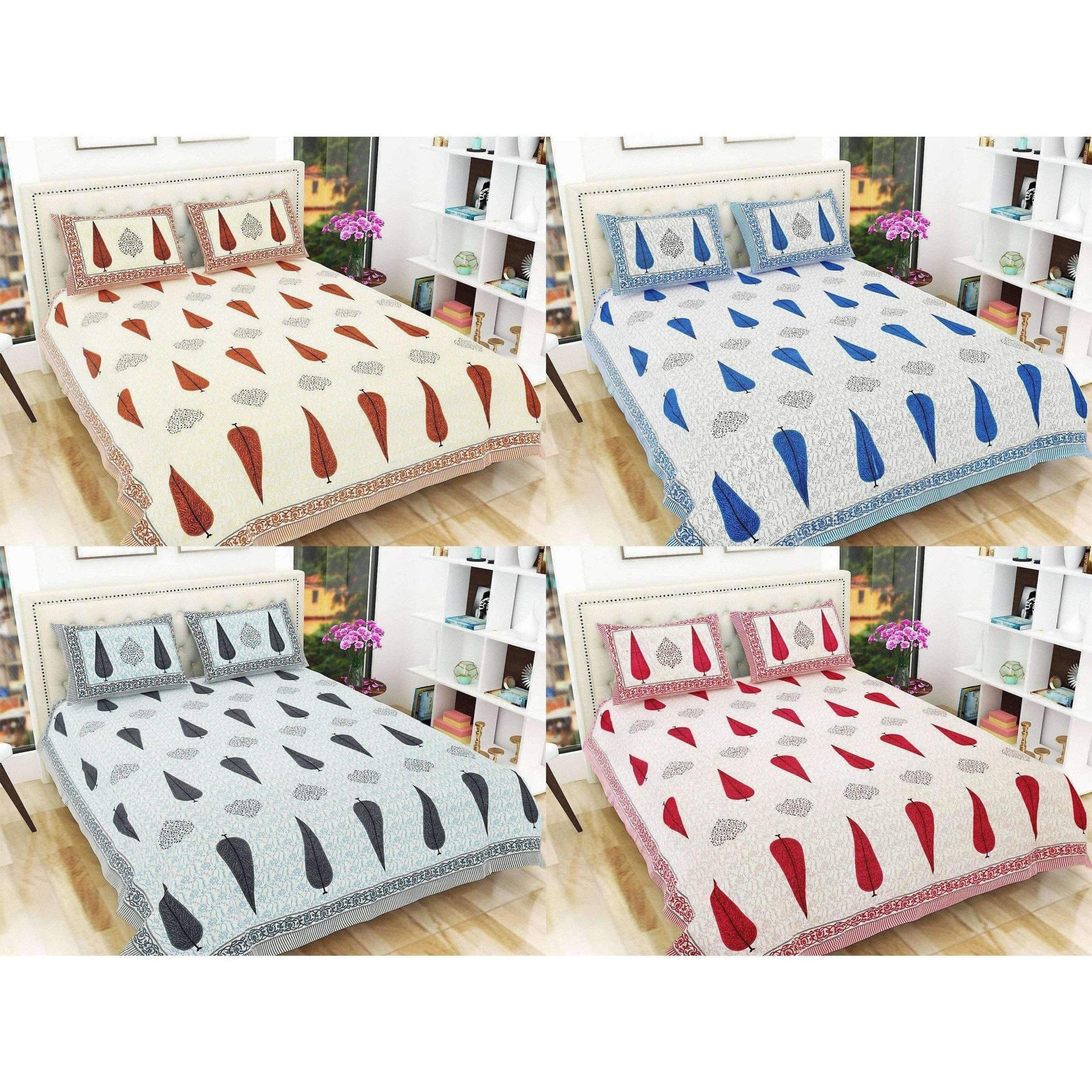 Queen Size 90x108 Inches Jaipuri Sanganeri Print Flat Bed Sheet Bedspread with 2 Pillowcases - Distacart