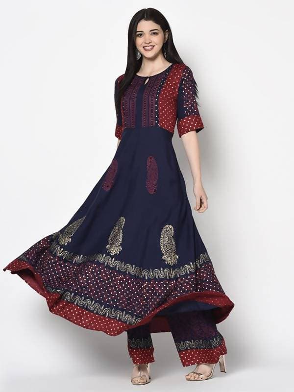 Aniyah Rayon Navy Blue Color Block Print Anarkali Palazzo Set (AN-176K)