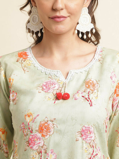Green Poly Rayon Floral Printed Straight Kurta - Prasuti - Distacart