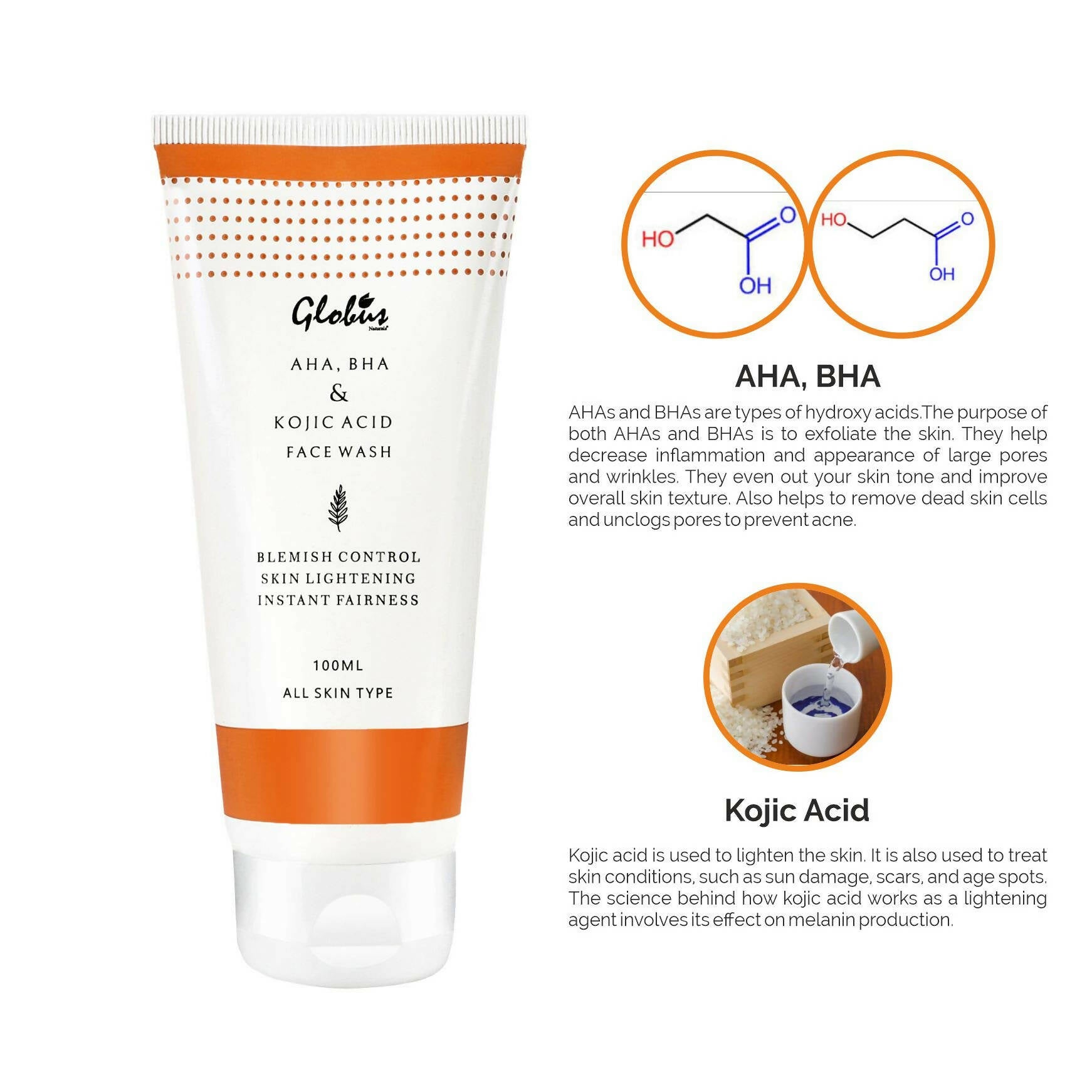 Globus Naturals AHA, BHA & Kojic Acid Face wash - Distacart