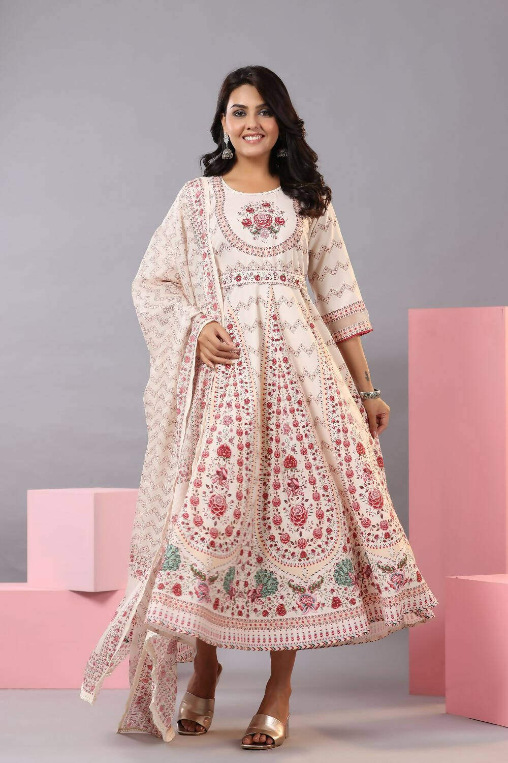 Juniper Women Ecru Rayon Floral Printed Kurta and Dupatta Set - Distacart