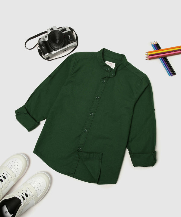 Manet Boys Mandarin Collar Full Sleeves Melange Shirt - Green - Distacart