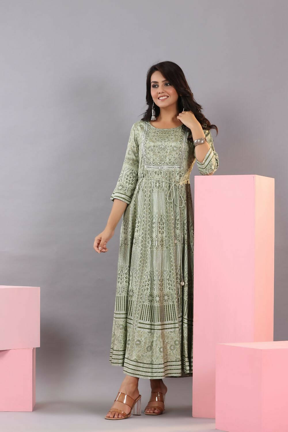 Juniper Women Olive Green Shantoon Floral Printed Maxi Dress - Distacart